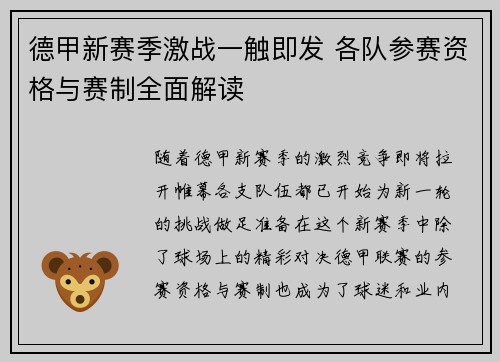 德甲新赛季激战一触即发 各队参赛资格与赛制全面解读